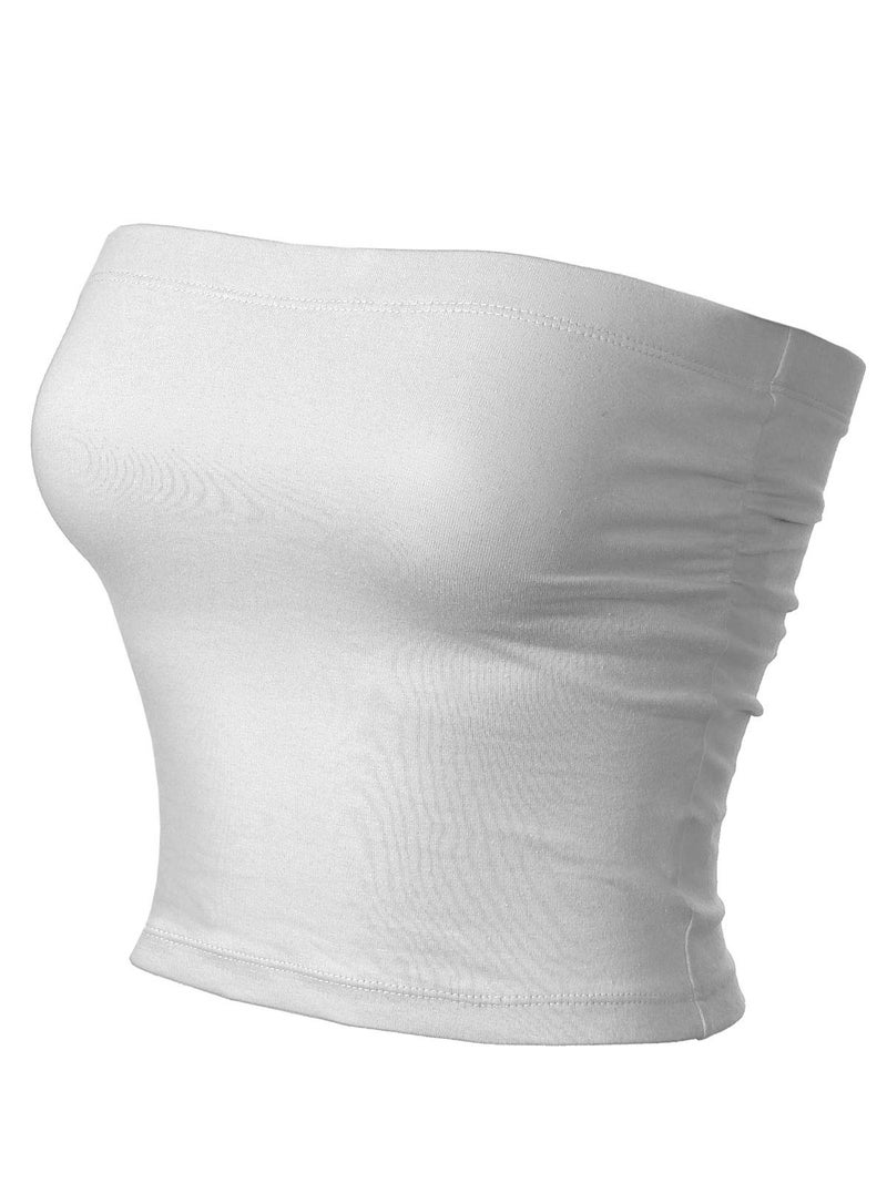 MixMatchy Women's Solid Casual Summer Ruched Side Backless Double Layered Tube Top with Built in Bra White - Image 2